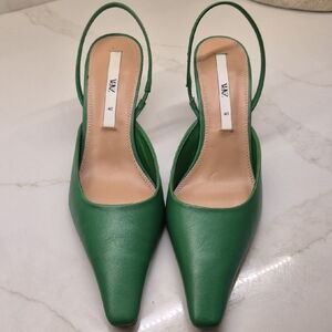 Zara Vibrant Green Slingback Heels pure leather
